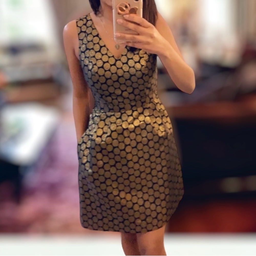 j.Crew, gold and black polka dot brocade dress